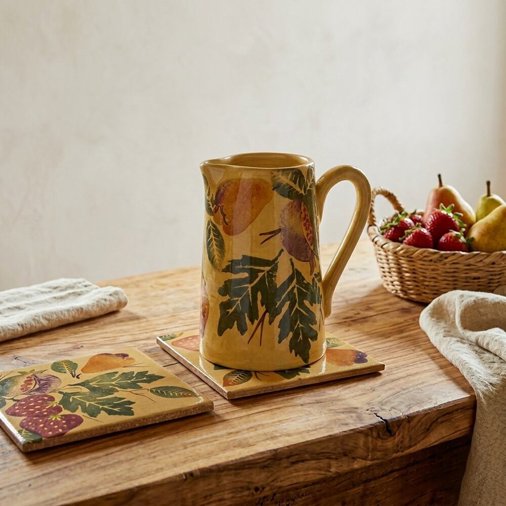 Italian Hand Painted Ceramic Pitcher With Matching Fruit Tile Trivets Set